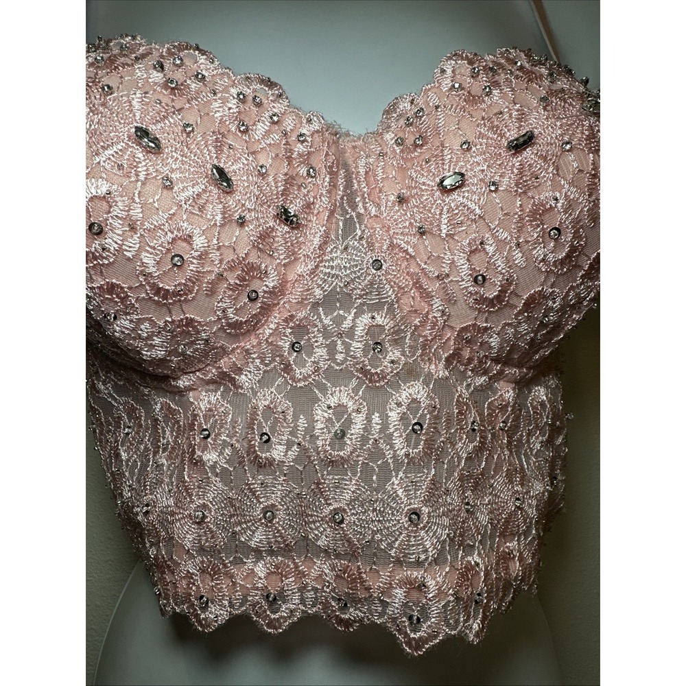 Windsor‎ Top Womens XL Soft Pink Lace Bustier Crop Top with Rhinestones - Picture 3 of 11